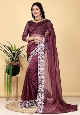 Wine Color Twill Net Cut Work Border Saree 3