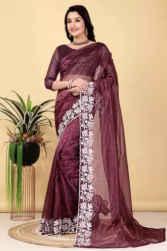 Wine Color Twill Net Cut Work Border Saree