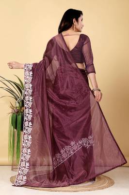 Wine Color Twill Net Cut Work Border Saree 4