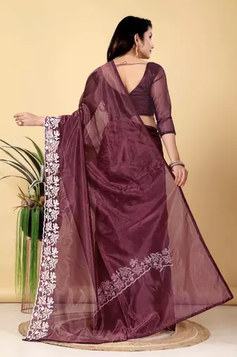 Wine Color Twill Net Cut Work Border Saree