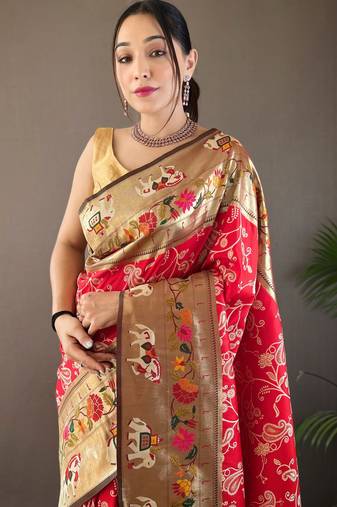 Red Paithani silk blend Saree