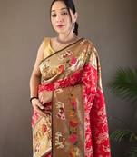 Red Paithani silk blend Saree