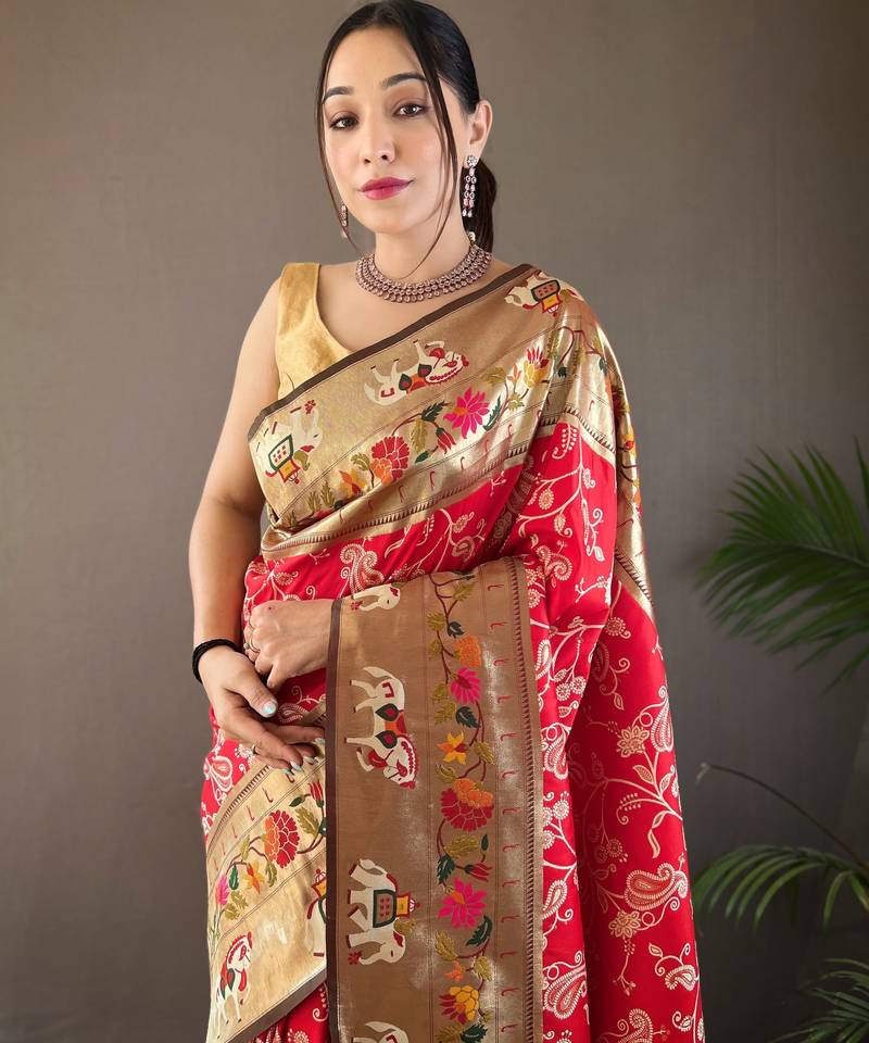 Red Paithani silk blend Saree