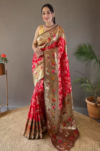 Red Paithani silk blend Saree