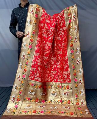 Red Paithani silk blend Saree 4