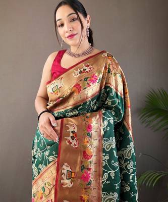 Dark Green Paithani silk blend Saree 2