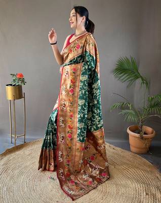 Dark Green Paithani silk blend Saree 3