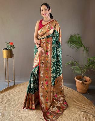 Dark Green Paithani silk blend Saree 1