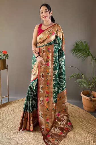 Dark Green Paithani silk blend Saree