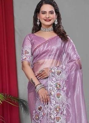 Lavender Color Twill Net Multi Color Embroidery Work Saree 1