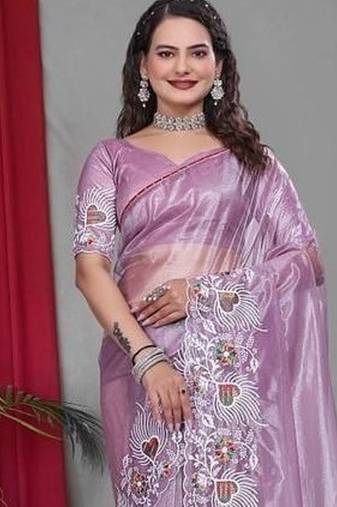 Lavender Color Twill Net Multi Color Embroidery Work Saree