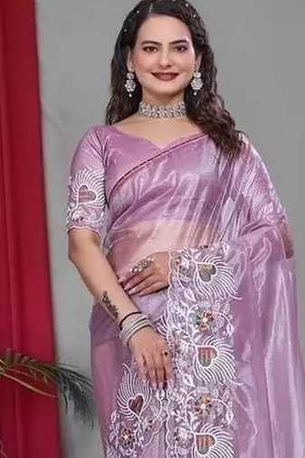 Lavender Color Twill Net Multi Color Embroidery Work Saree