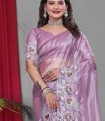 Lavender Color Twill Net Multi Color Embroidery Work Saree