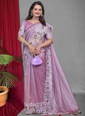 Lavender Color Twill Net Multi Color Embroidery Work Saree 2