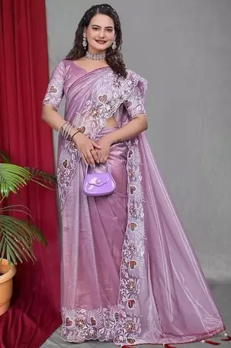 Lavender Color Twill Net Multi Color Embroidery Work Saree