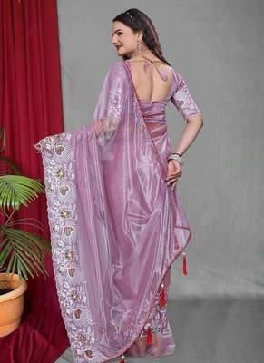 Lavender Color Twill Net Multi Color Embroidery Work Saree 3