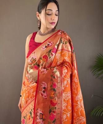 Orange Paithani silk blend Saree 2