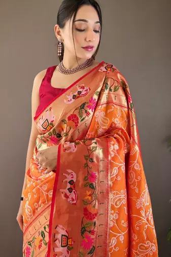 Orange Paithani silk blend Saree
