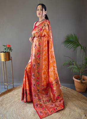 Orange Paithani silk blend Saree 3