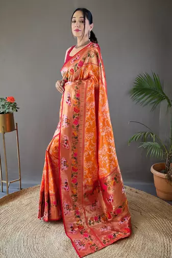 Orange Paithani silk blend Saree