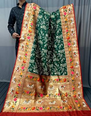 Orange Paithani silk blend Saree 4
