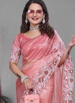 Peach Color Twill Net Multi Color Embroidery Work Saree 2