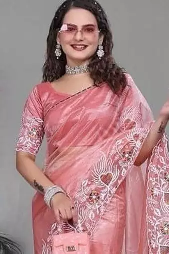 Peach Color Twill Net Multi Color Embroidery Work Saree