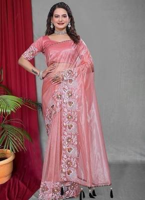 Peach Color Twill Net Multi Color Embroidery Work Saree 1