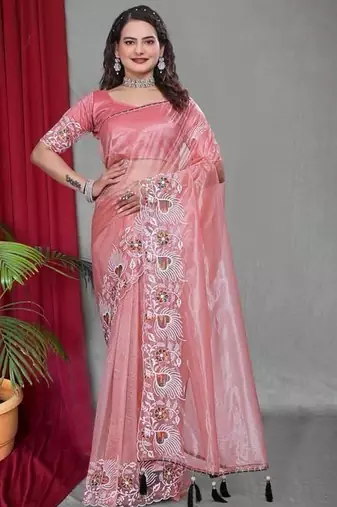 Peach Color Twill Net Multi Color Embroidery Work Saree