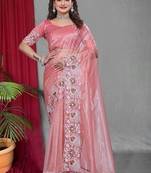 Peach Color Twill Net Multi Color Embroidery Work Saree