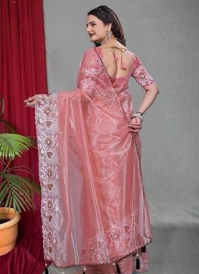 Peach Color Twill Net Multi Color Embroidery Work Saree 3