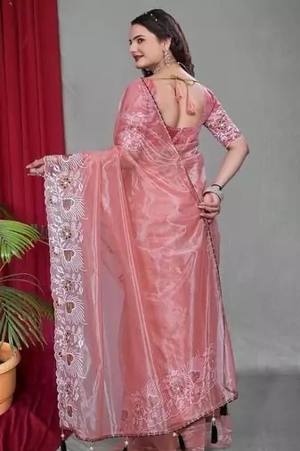 Peach Color Twill Net Multi Color Embroidery Work Saree