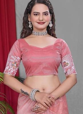 Peach Color Twill Net Multi Color Embroidery Work Saree 4