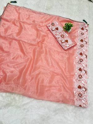 Peach Color Twill Net Multi Color Embroidery Work Saree 5