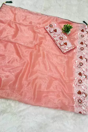Peach Color Twill Net Multi Color Embroidery Work Saree