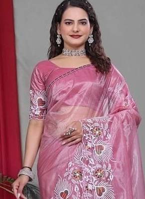 Pink Color Twill Net Multi Color Embroidery Work Saree 1