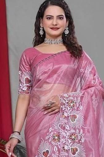Pink Color Twill Net Multi Color Embroidery Work Saree