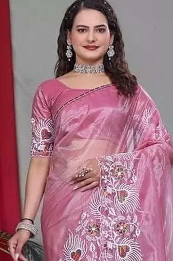Pink Color Twill Net Multi Color Embroidery Work Saree