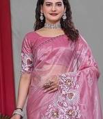 Pink Color Twill Net Multi Color Embroidery Work Saree