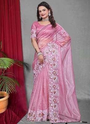 Pink Color Twill Net Multi Color Embroidery Work Saree 2