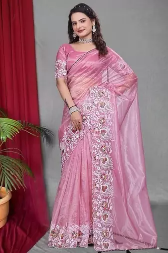 Pink Color Twill Net Multi Color Embroidery Work Saree