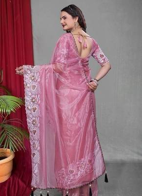 Pink Color Twill Net Multi Color Embroidery Work Saree 3