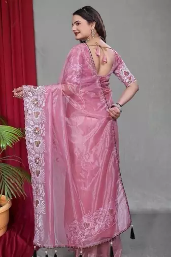 Pink Color Twill Net Multi Color Embroidery Work Saree