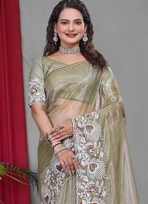 Olive Color Twill Net Multi Color Embroidery Work Saree 1