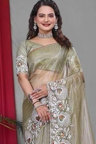 Olive Color Twill Net Multi Color Embroidery Work Saree