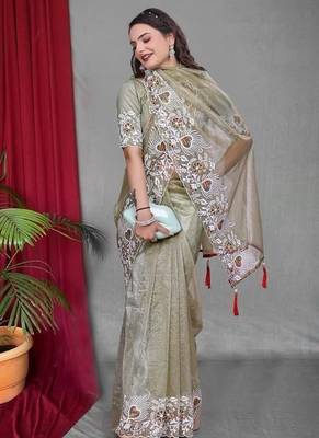 Olive Color Twill Net Multi Color Embroidery Work Saree 2