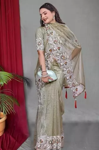 Olive Color Twill Net Multi Color Embroidery Work Saree
