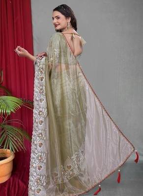Olive Color Twill Net Multi Color Embroidery Work Saree 3