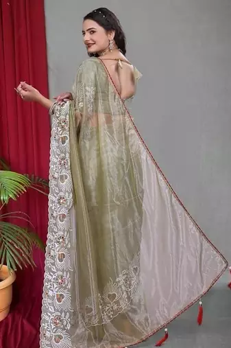 Olive Color Twill Net Multi Color Embroidery Work Saree