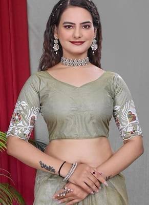 Olive Color Twill Net Multi Color Embroidery Work Saree 4